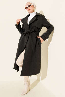 Göğüs Parça Detaylı Kaşe Kaban Füme - Kaban