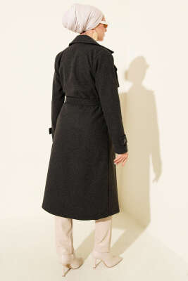 Göğüs Parça Detaylı Kaşe Kaban Füme - Kaban