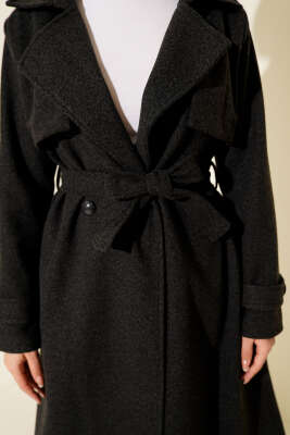 Göğüs Parça Detaylı Kaşe Kaban Füme - Kaban