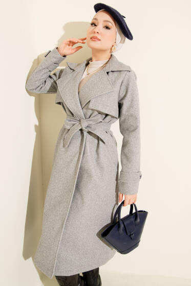 Göğüs Parça Detaylı Kaşe Kaban Gri - Kaban