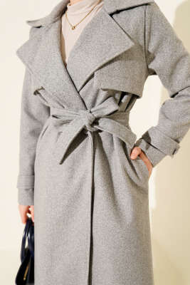 Göğüs Parça Detaylı Kaşe Kaban Gri - Kaban