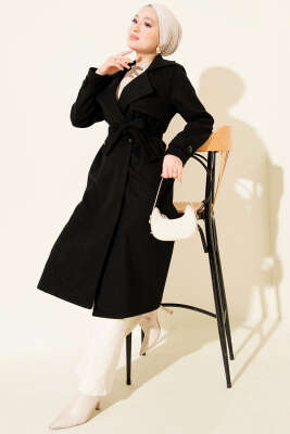 Göğüs Parça Detaylı Kaşe Kaban Siyah - FİXAY