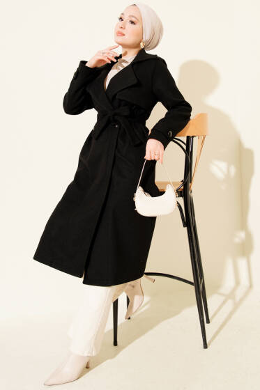 Göğüs Parça Detaylı Kaşe Kaban Siyah - Kaban