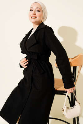 Göğüs Parça Detaylı Kaşe Kaban Siyah - Kaban