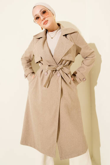 Göğüs Parça Detaylı Kaşe Kaban Vizon - Kaban