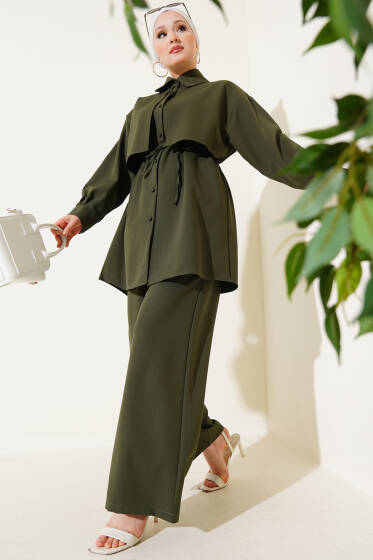 Göğüs Parçalı İp Kuşaklı İkili Takım Haki - İkili Takım