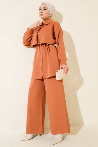 Göğüs Parçalı İp Kuşaklı İkili Takım Kiremit - İkili Takım