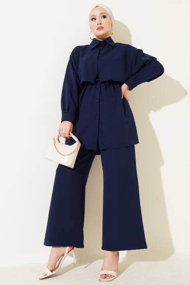 Göğüs Parçalı İp Kuşaklı İkili Takım Lacivert - İkili Takım
