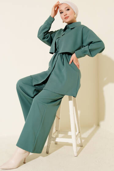 Göğüs Parçalı İp Kuşaklı İkili Takım Petrol Yeşili - İkili Takım