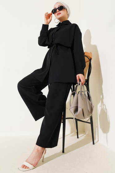 Göğüs Parçalı İp Kuşaklı İkili Takım Siyah - İkili Takım