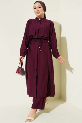 Göğüs Parçalı İp Kuşaklı Uzun Tunik Takım Burgonya - NESSİA