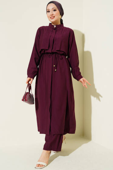 Göğüs Parçalı İp Kuşaklı Uzun Tunik Takım Burgonya - İkili Takım