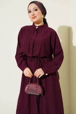 Göğüs Parçalı İp Kuşaklı Uzun Tunik Takım Burgonya - İkili Takım