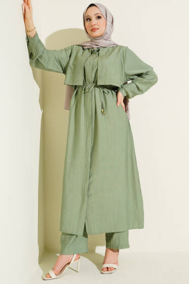 Göğüs Parçalı İp Kuşaklı Uzun Tunik Takım Çağla Yeşili - İkili Takım
