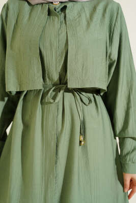 Göğüs Parçalı İp Kuşaklı Uzun Tunik Takım Çağla Yeşili - İkili Takım