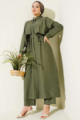 Göğüs Parçalı İp Kuşaklı Uzun Tunik Takım Haki - NESSİA