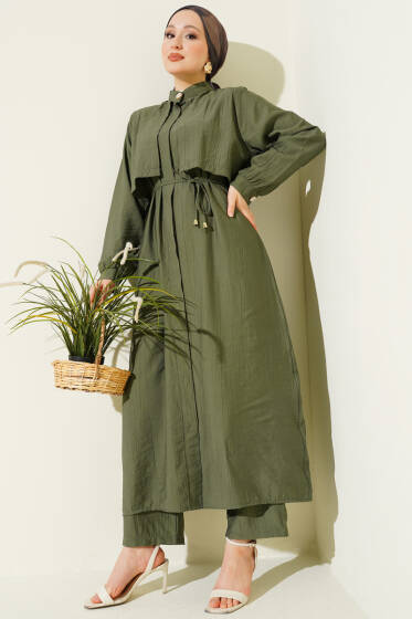 Göğüs Parçalı İp Kuşaklı Uzun Tunik Takım Haki - İkili Takım