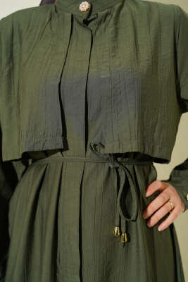 Göğüs Parçalı İp Kuşaklı Uzun Tunik Takım Haki - İkili Takım