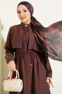 Göğüs Parçalı İp Kuşaklı Uzun Tunik Takım Kahve - NESSİA