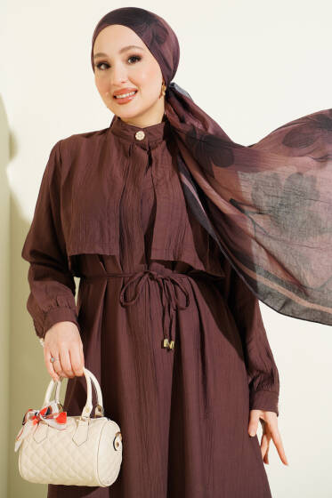 Göğüs Parçalı İp Kuşaklı Uzun Tunik Takım Kahve - İkili Takım