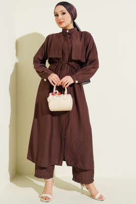 Göğüs Parçalı İp Kuşaklı Uzun Tunik Takım Kahve - İkili Takım