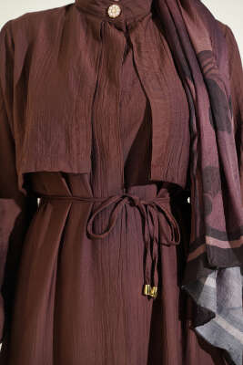 Göğüs Parçalı İp Kuşaklı Uzun Tunik Takım Kahve - İkili Takım