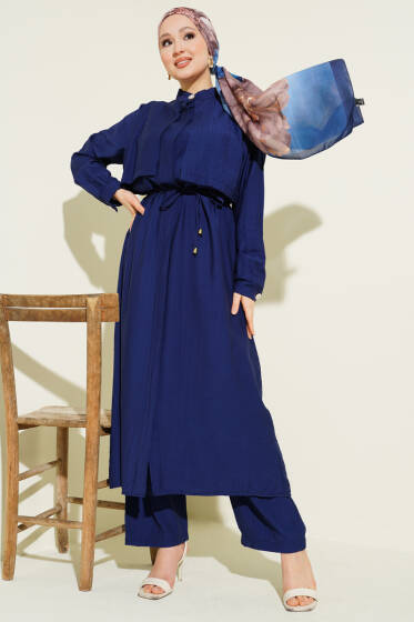 Göğüs Parçalı İp Kuşaklı Uzun Tunik Takım Lacivert - İkili Takım