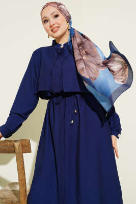 Göğüs Parçalı İp Kuşaklı Uzun Tunik Takım Lacivert - İkili Takım