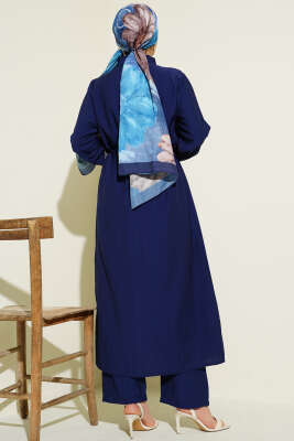 Göğüs Parçalı İp Kuşaklı Uzun Tunik Takım Lacivert - İkili Takım