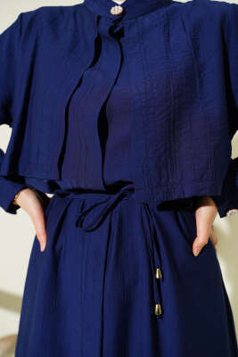 Göğüs Parçalı İp Kuşaklı Uzun Tunik Takım Lacivert - İkili Takım