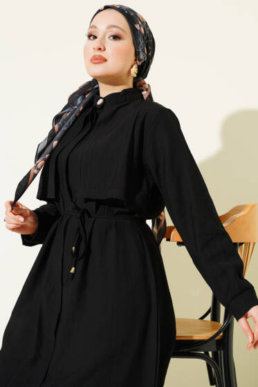 Göğüs Parçalı İp Kuşaklı Uzun Tunik Takım Siyah - İkili Takım