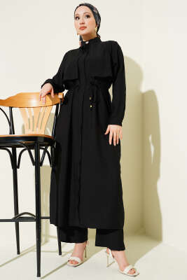 Göğüs Parçalı İp Kuşaklı Uzun Tunik Takım Siyah - İkili Takım