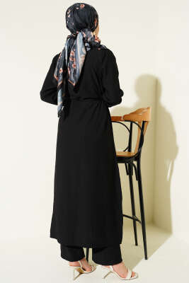 Göğüs Parçalı İp Kuşaklı Uzun Tunik Takım Siyah - İkili Takım