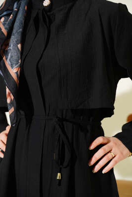 Göğüs Parçalı İp Kuşaklı Uzun Tunik Takım Siyah - İkili Takım