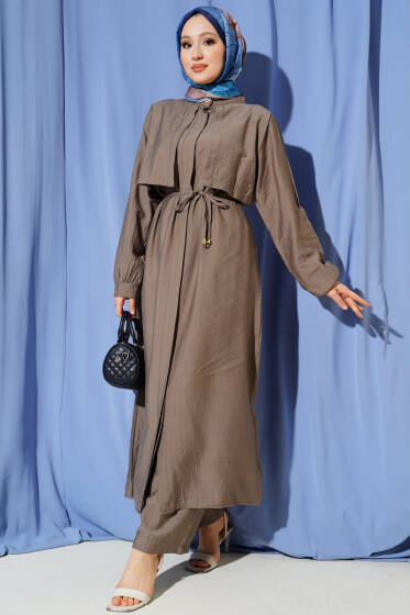 Göğüs Parçalı İp Kuşaklı Uzun Tunik Takım Vizon - İkili Takım