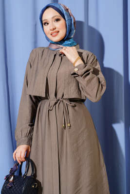 Göğüs Parçalı İp Kuşaklı Uzun Tunik Takım Vizon - İkili Takım