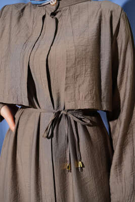 Göğüs Parçalı İp Kuşaklı Uzun Tunik Takım Vizon - İkili Takım