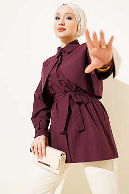 Göğüs Parçalı Kuşaklı Poplin Gömlek Bordo - VAV TEKSTİL