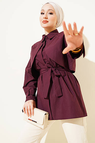 Göğüs Parçalı Kuşaklı Poplin Gömlek Bordo - Gömlek