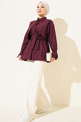 Göğüs Parçalı Kuşaklı Poplin Gömlek Bordo - Gömlek