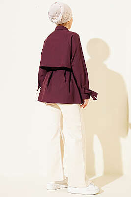 Göğüs Parçalı Kuşaklı Poplin Gömlek Bordo - Gömlek