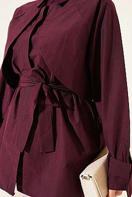 Göğüs Parçalı Kuşaklı Poplin Gömlek Bordo - Gömlek