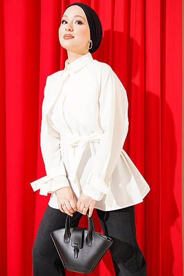 Göğüs Parçalı Kuşaklı Poplin Gömlek Ekru - Gömlek