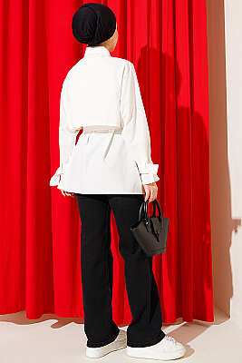 Göğüs Parçalı Kuşaklı Poplin Gömlek Ekru - Gömlek