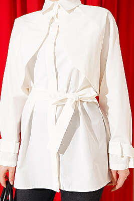 Göğüs Parçalı Kuşaklı Poplin Gömlek Ekru - Gömlek