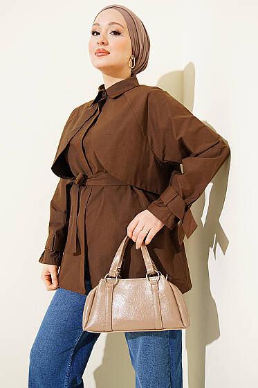 Göğüs Parçalı Kuşaklı Poplin Gömlek Kahve - Gömlek