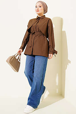 Göğüs Parçalı Kuşaklı Poplin Gömlek Kahve - Gömlek