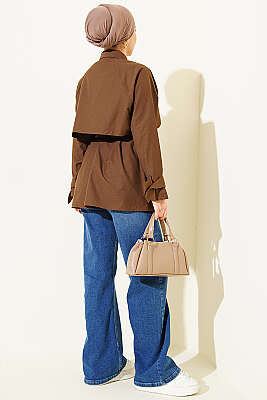 Göğüs Parçalı Kuşaklı Poplin Gömlek Kahve - Gömlek