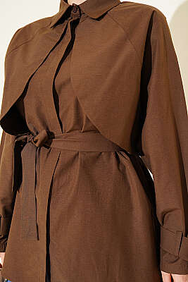 Göğüs Parçalı Kuşaklı Poplin Gömlek Kahve - Gömlek