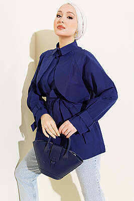 Göğüs Parçalı Kuşaklı Poplin Gömlek Lacivert - VAV TEKSTİL